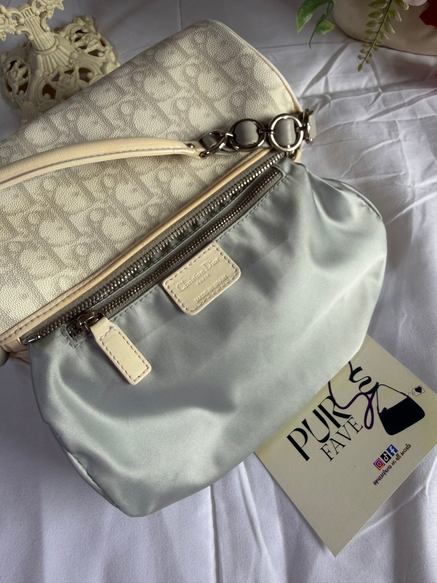 Authentic Vintage Christian Dior by John Galliano White x Grey Trotter Romantic Mini Boston Barrel Bag