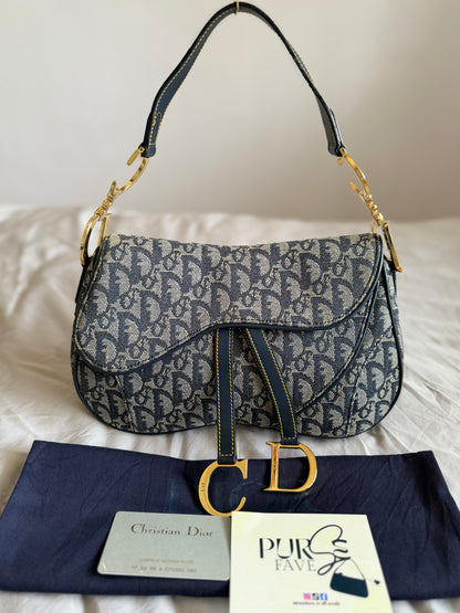 Authentic Vintage Christian Dior by John Galliano Navy Trotter Oblique Canvas Double Saddle Bag