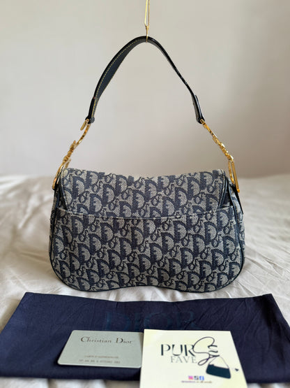 Authentic Vintage Christian Dior by John Galliano Navy Trotter Oblique Canvas Double Saddle Bag