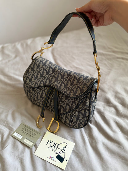 Authentic Vintage Christian Dior by John Galliano Navy Trotter Oblique Canvas Double Saddle Bag