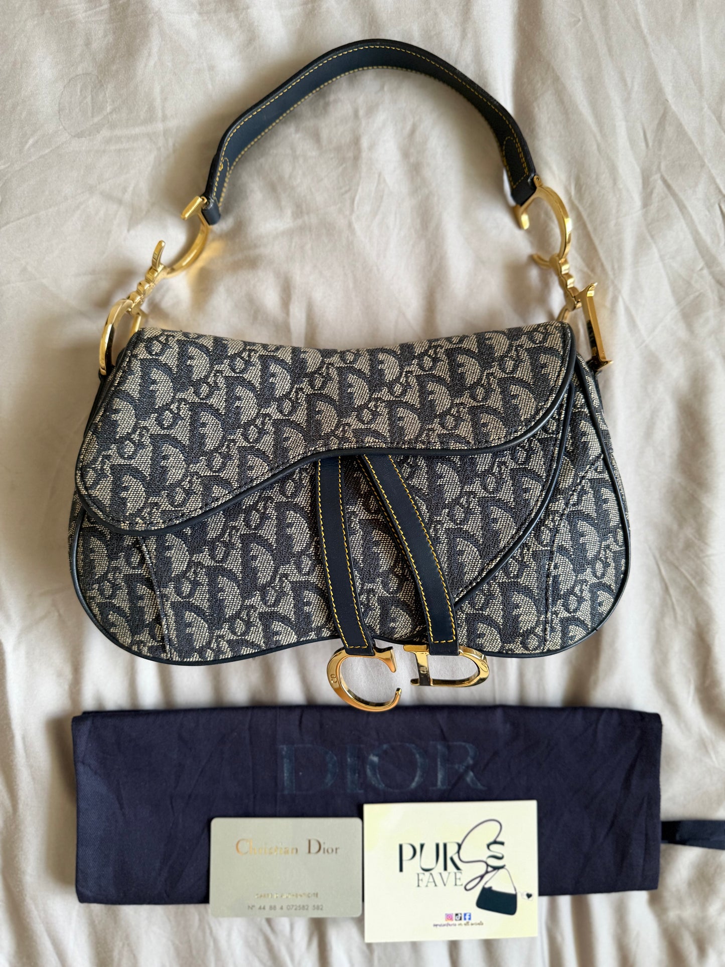 Authentic Vintage Christian Dior by John Galliano Navy Trotter Oblique Canvas Double Saddle Bag