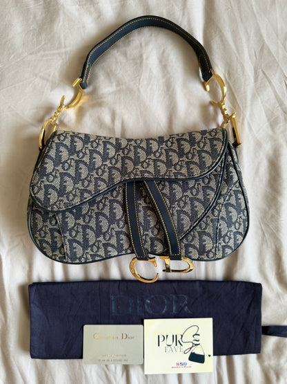 Authentic Vintage Christian Dior by John Galliano Navy Trotter Oblique Canvas Double Saddle Bag