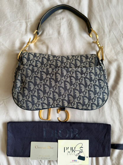 Authentic Vintage Christian Dior by John Galliano Navy Trotter Oblique Canvas Double Saddle Bag