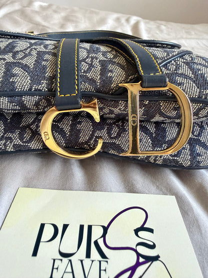 Authentic Vintage Christian Dior by John Galliano Navy Trotter Oblique Canvas Double Saddle Bag