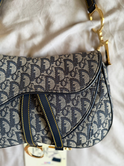 Authentic Vintage Christian Dior by John Galliano Navy Trotter Oblique Canvas Double Saddle Bag
