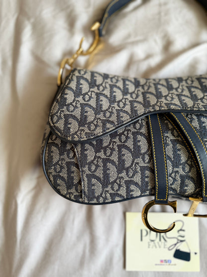 Authentic Vintage Christian Dior by John Galliano Navy Trotter Oblique Canvas Double Saddle Bag