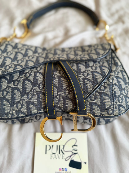 Authentic Vintage Christian Dior by John Galliano Navy Trotter Oblique Canvas Double Saddle Bag