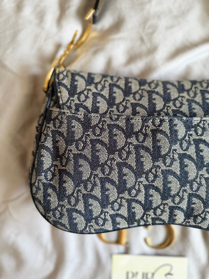 Authentic Vintage Christian Dior by John Galliano Navy Trotter Oblique Canvas Double Saddle Bag