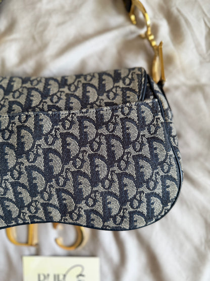 Authentic Vintage Christian Dior by John Galliano Navy Trotter Oblique Canvas Double Saddle Bag