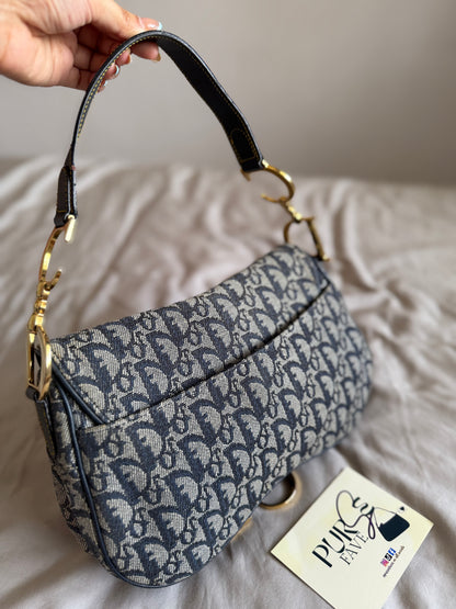 Authentic Vintage Christian Dior by John Galliano Navy Trotter Oblique Canvas Double Saddle Bag