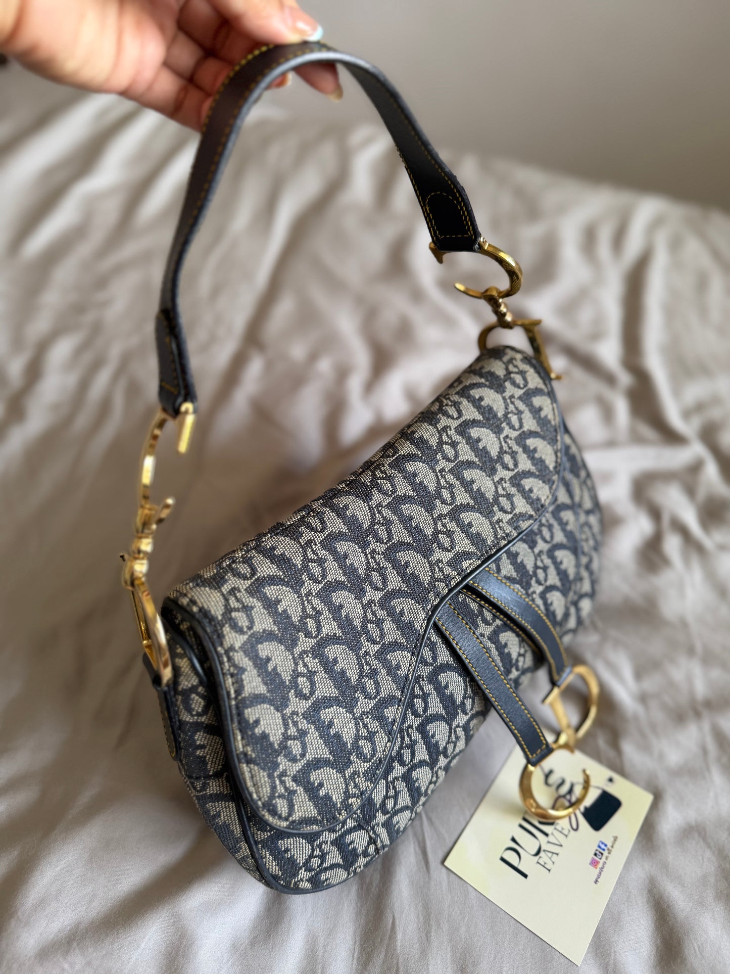 Authentic Vintage Christian Dior by John Galliano Navy Trotter Oblique Canvas Double Saddle Bag
