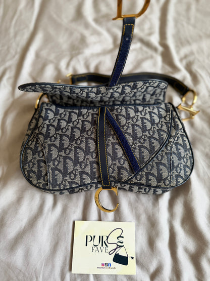 Authentic Vintage Christian Dior by John Galliano Navy Trotter Oblique Canvas Double Saddle Bag