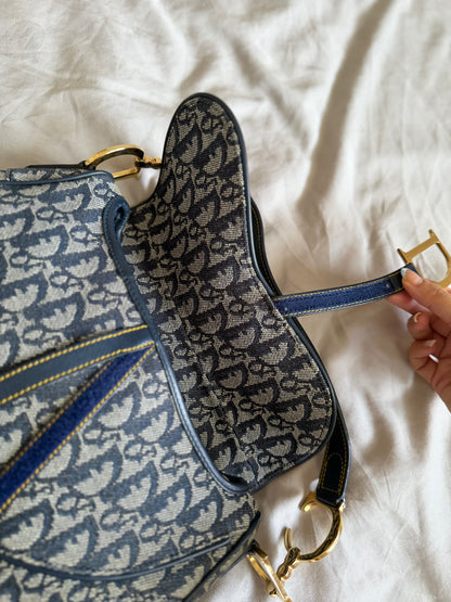 Authentic Vintage Christian Dior by John Galliano Navy Trotter Oblique Canvas Double Saddle Bag