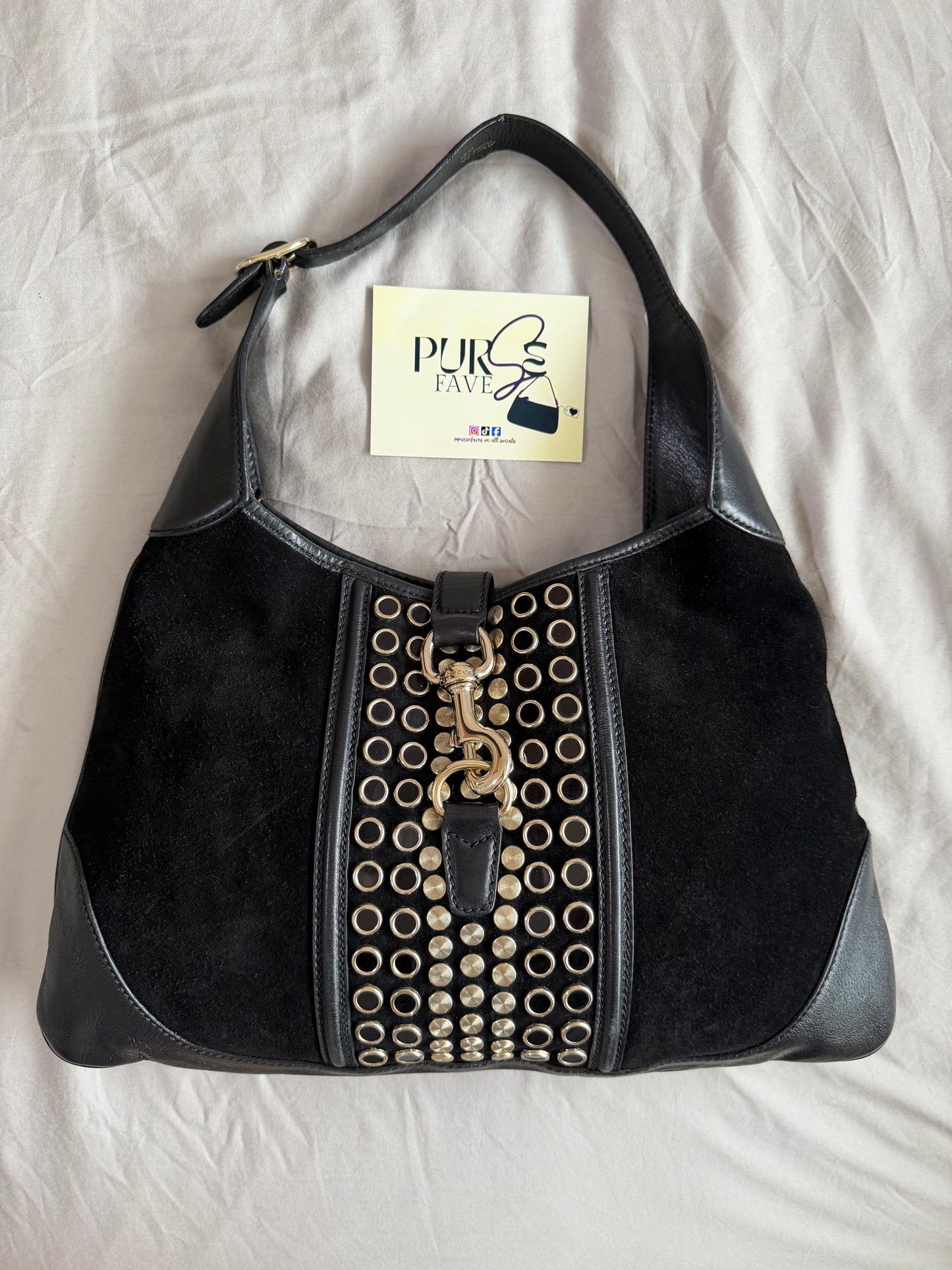 Authentic Vintage Gucci by Tom Ford Black Suede Studded Jackie Bouvier Medium Hobo Bag