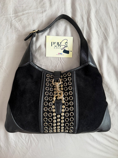 Authentic Vintage Gucci by Tom Ford Black Suede Studded Jackie Bouvier Medium Hobo Bag