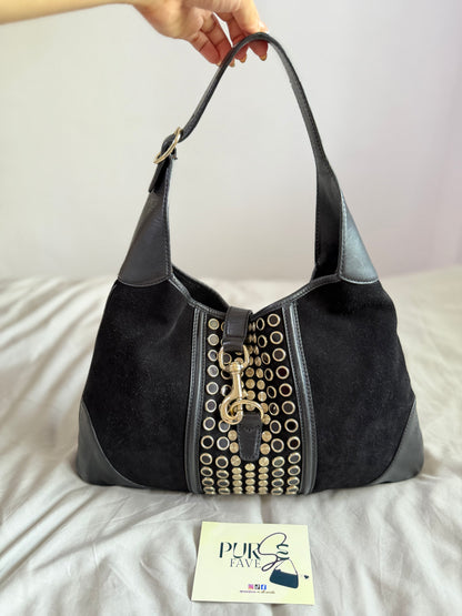 Authentic Vintage Gucci by Tom Ford Black Suede Studded Jackie Bouvier Medium Hobo Bag