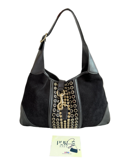 Authentic Vintage Gucci by Tom Ford Black Suede Studded Jackie Bouvier Medium Hobo Bag
