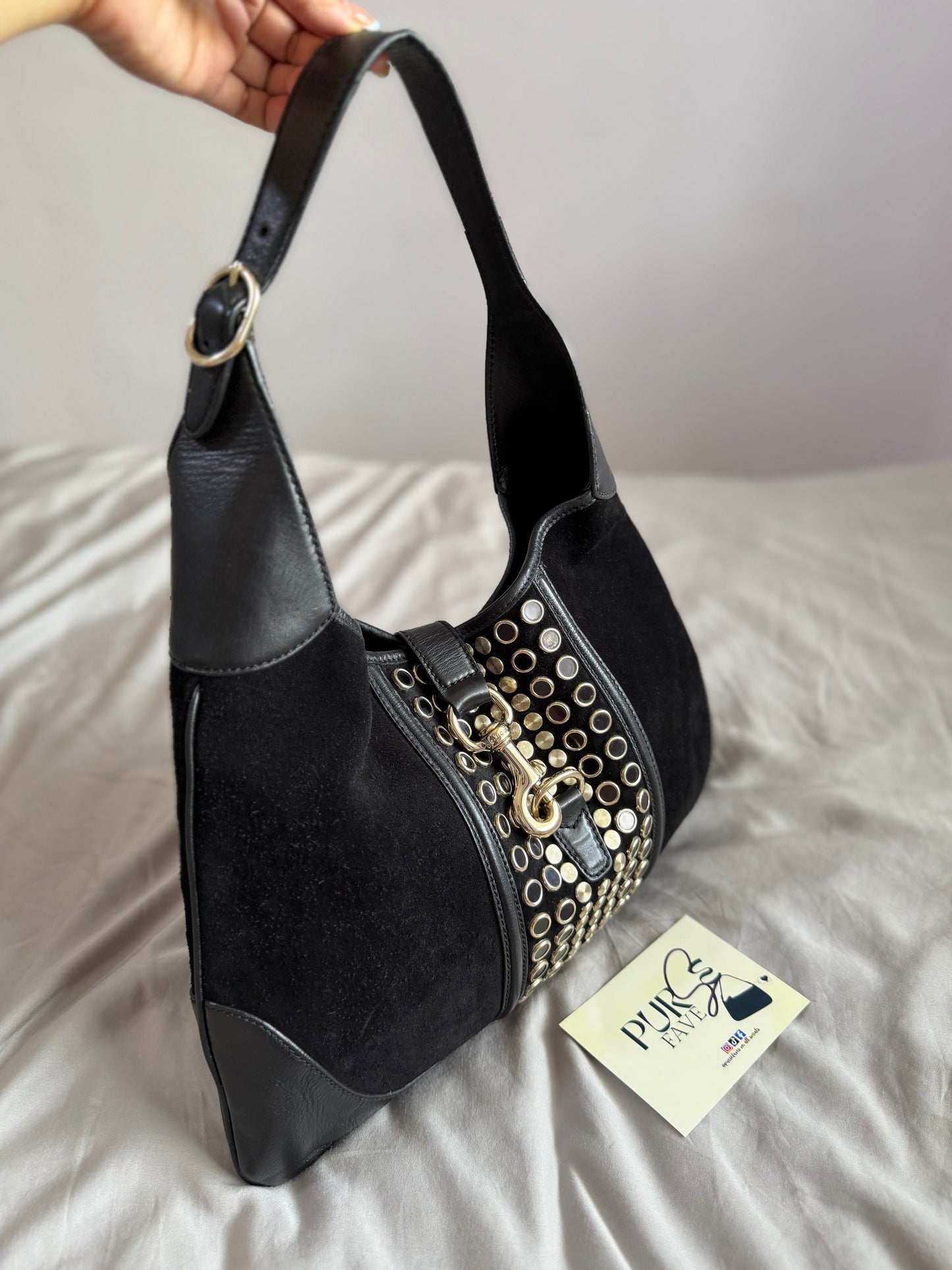 Authentic Vintage Gucci by Tom Ford Black Suede Studded Jackie Bouvier Medium Hobo Bag