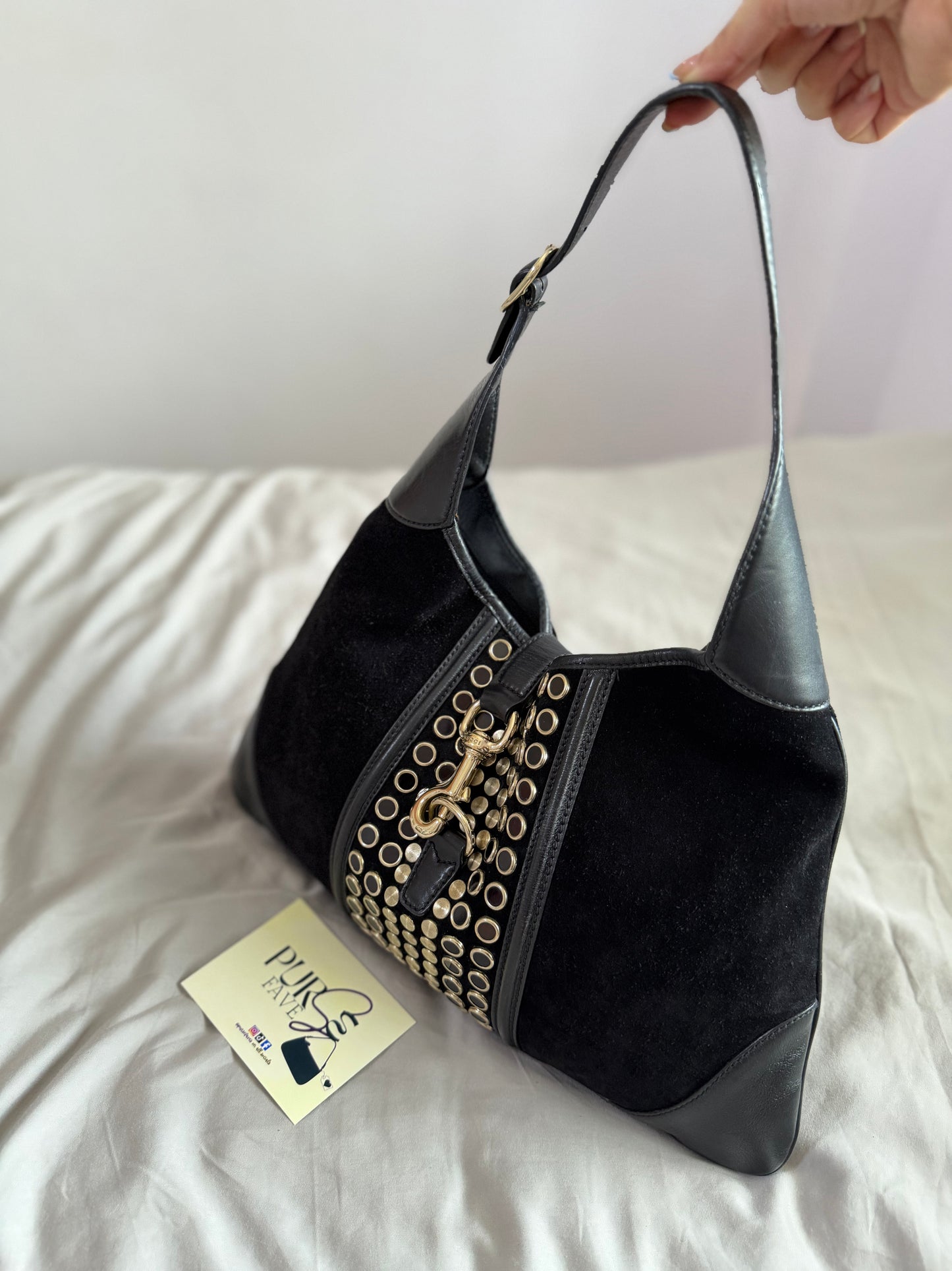 Authentic Vintage Gucci by Tom Ford Black Suede Studded Jackie Bouvier Medium Hobo Bag