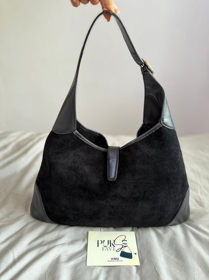 Authentic Vintage Gucci by Tom Ford Black Suede Studded Jackie Bouvier Medium Hobo Bag