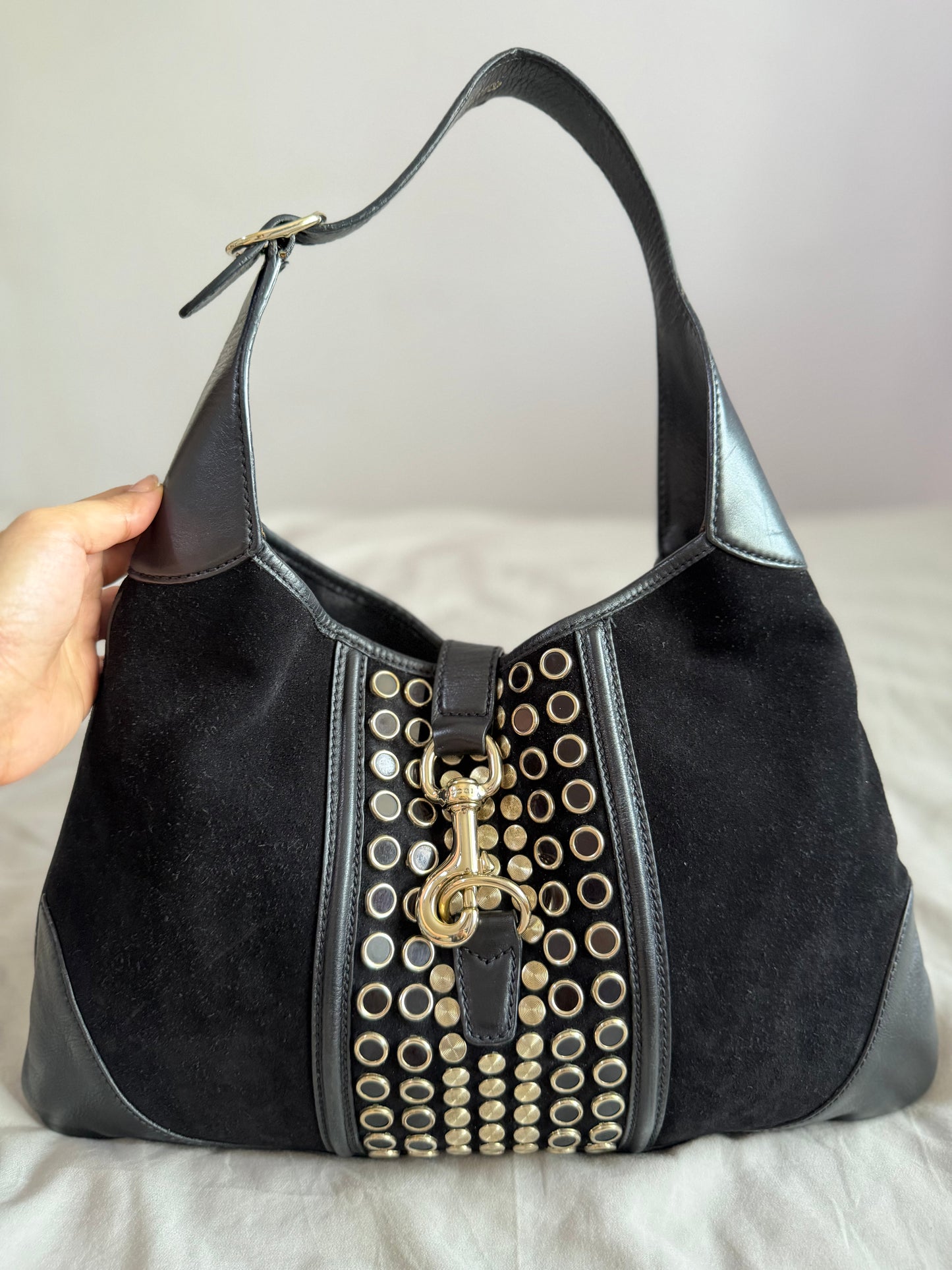Authentic Vintage Gucci by Tom Ford Black Suede Studded Jackie Bouvier Medium Hobo Bag