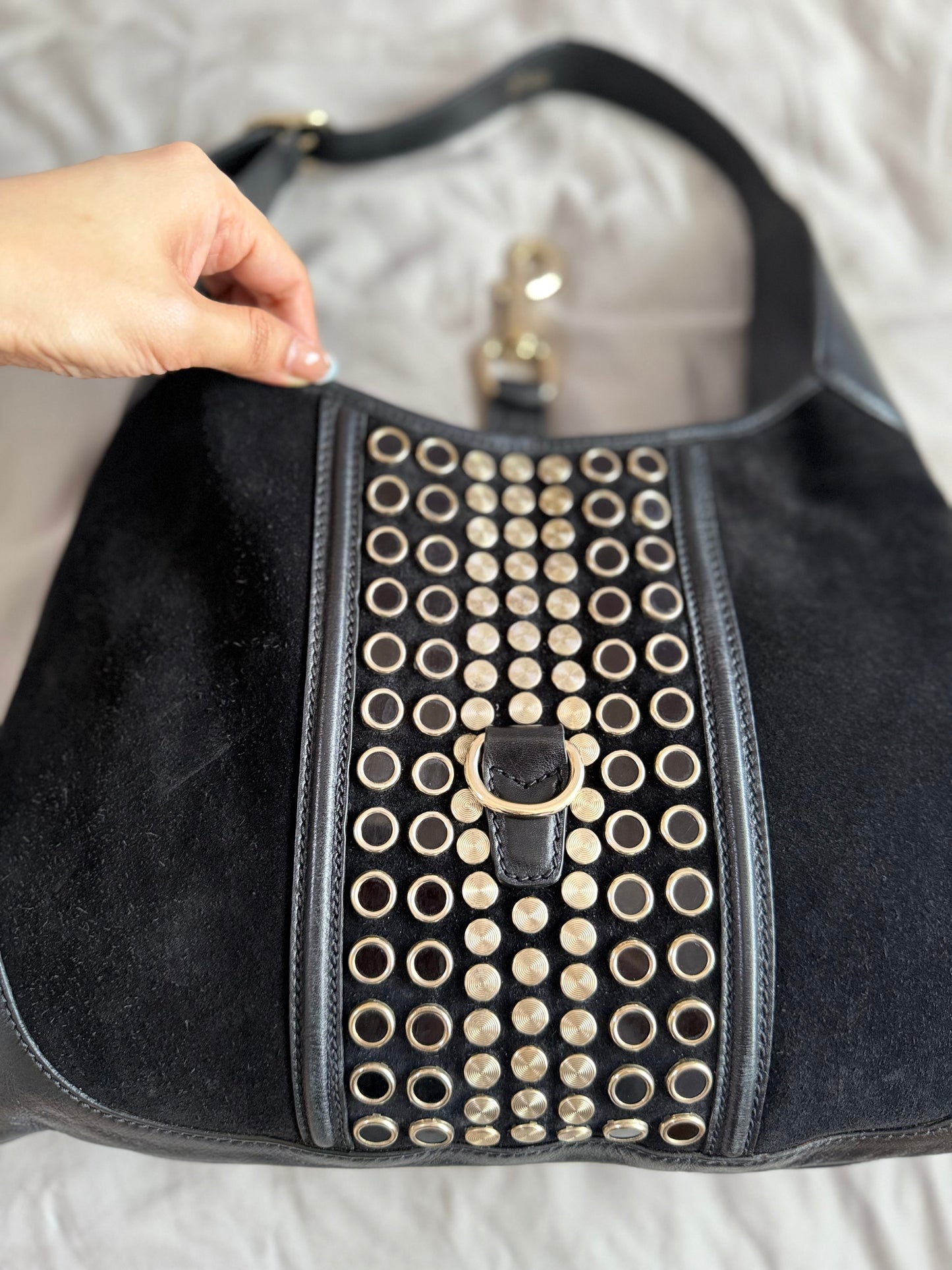 Authentic Vintage Gucci by Tom Ford Black Suede Studded Jackie Bouvier Medium Hobo Bag