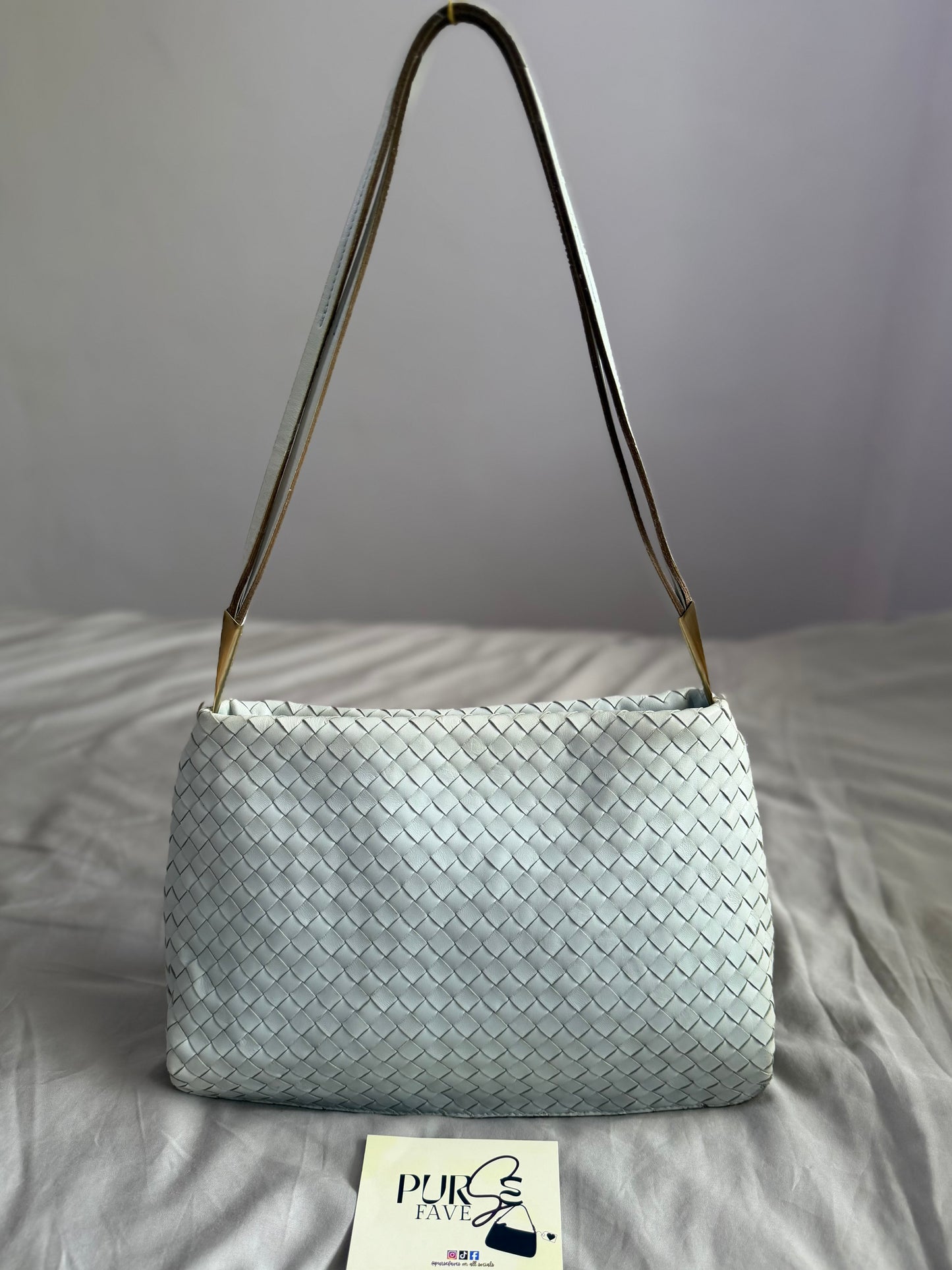 Authentic Vintage Bottega Veneta Light Blue Intrecciato Long Dual Strap Shoulder Bag
