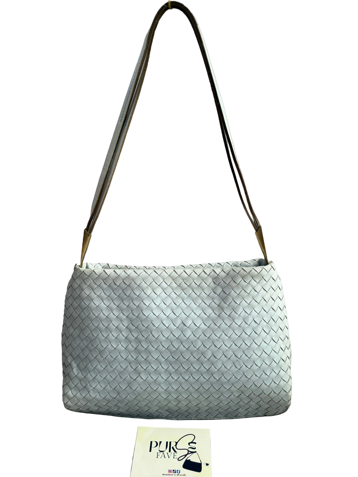 Authentic Vintage Bottega Veneta Light Blue Intrecciato Long Dual Strap Shoulder Bag