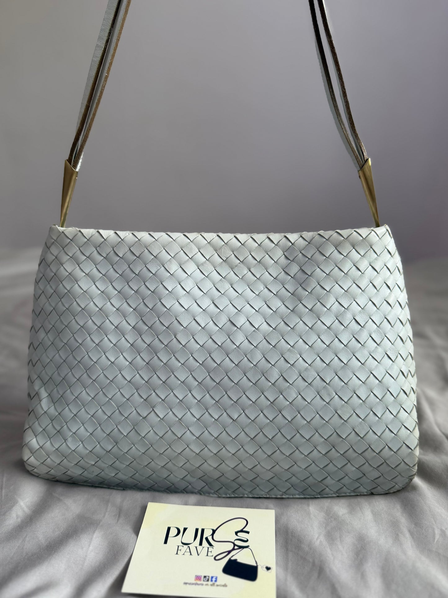 Authentic Vintage Bottega Veneta Light Blue Intrecciato Long Dual Strap Shoulder Bag