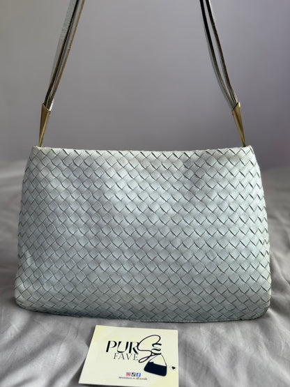 Authentic Vintage Bottega Veneta Light Blue Intrecciato Long Dual Strap Shoulder Bag