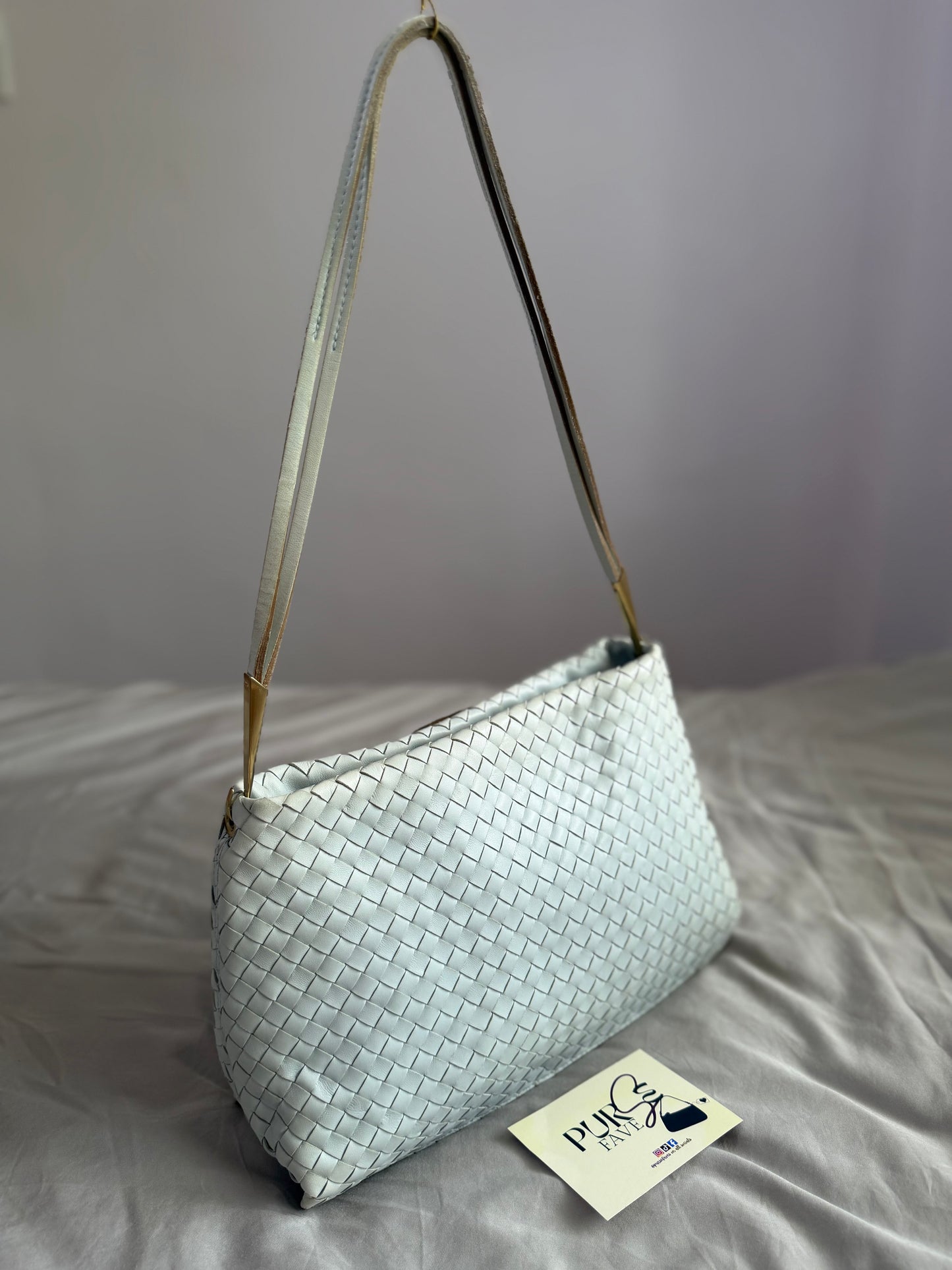 Authentic Vintage Bottega Veneta Light Blue Intrecciato Long Dual Strap Shoulder Bag