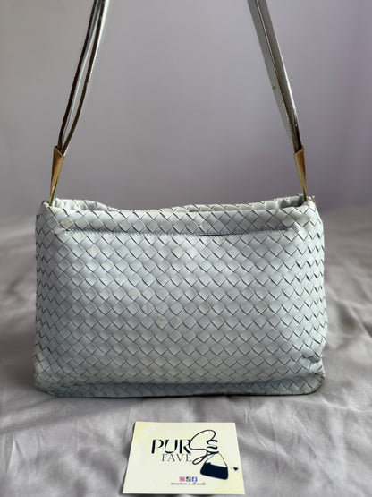 Authentic Vintage Bottega Veneta Light Blue Intrecciato Long Dual Strap Shoulder Bag