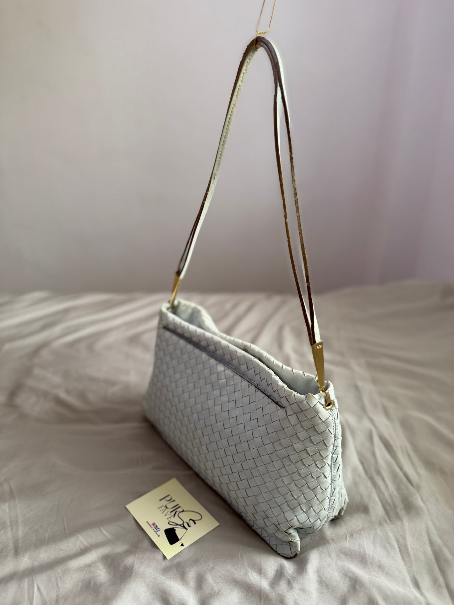 Authentic Vintage Bottega Veneta Light Blue Intrecciato Long Dual Strap Shoulder Bag