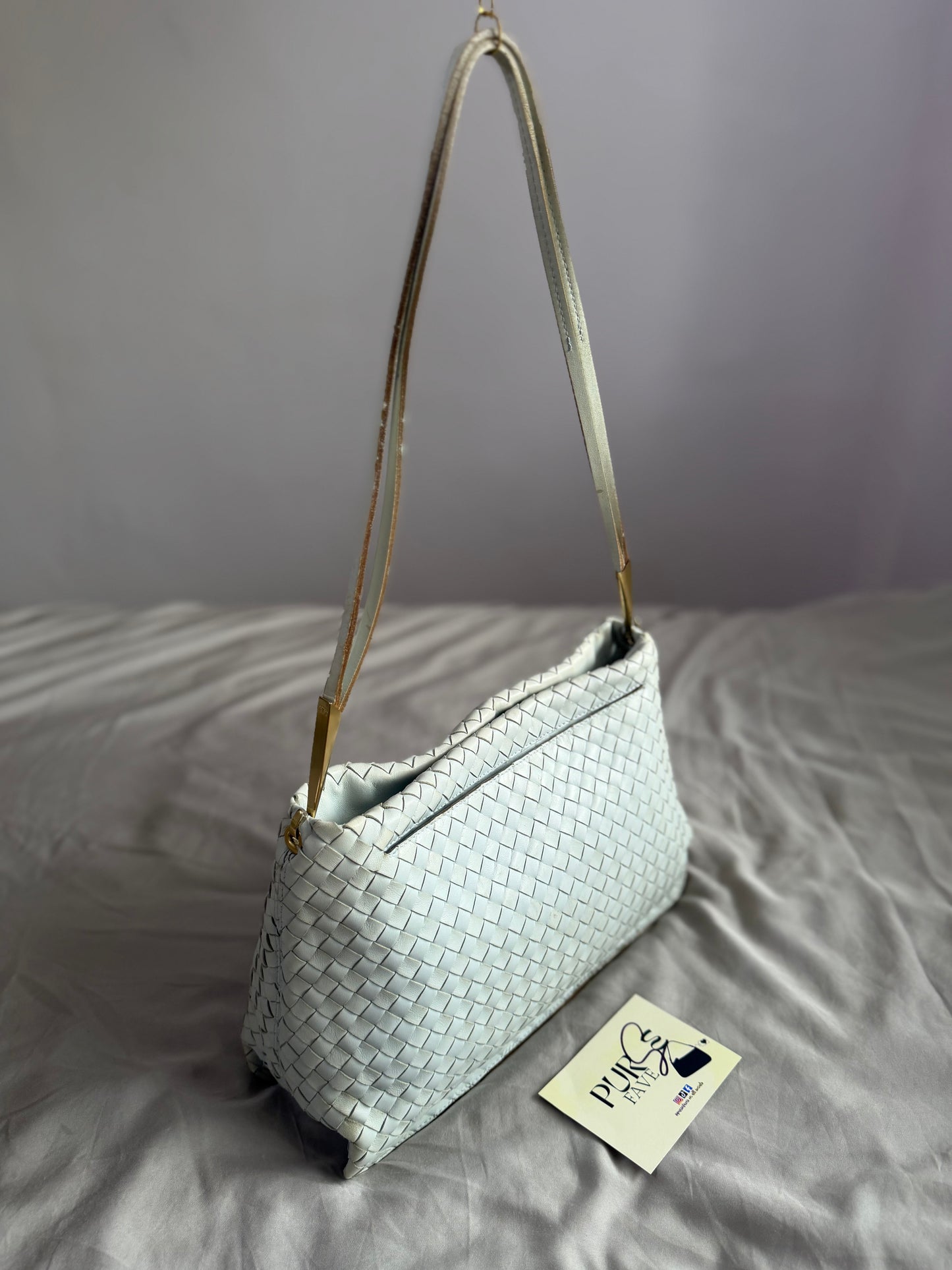 Authentic Vintage Bottega Veneta Light Blue Intrecciato Long Dual Strap Shoulder Bag