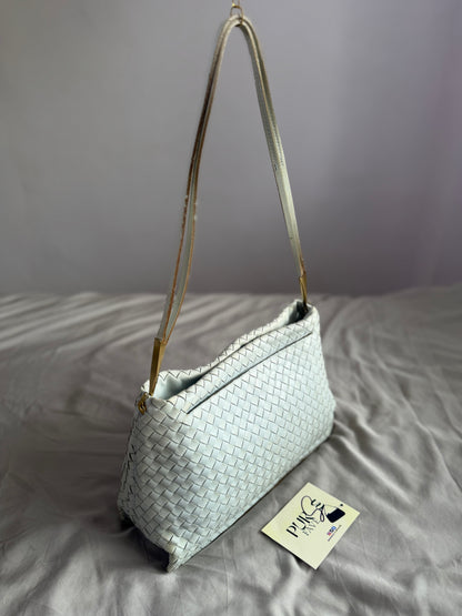 Authentic Vintage Bottega Veneta Light Blue Intrecciato Long Dual Strap Shoulder Bag