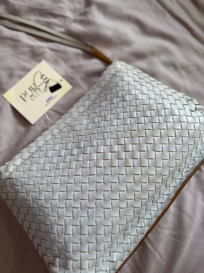 Authentic Vintage Bottega Veneta Light Blue Intrecciato Long Dual Strap Shoulder Bag