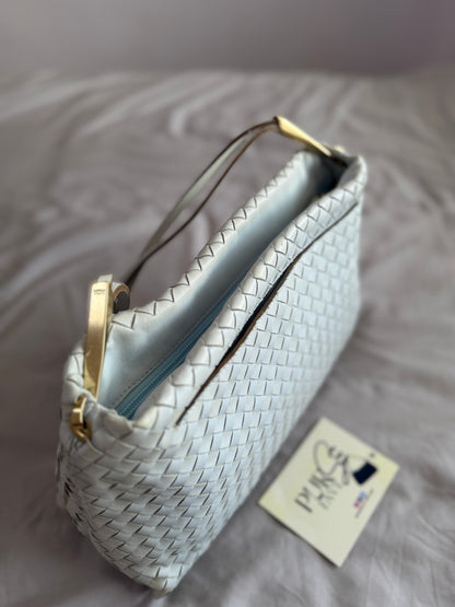 Authentic Vintage Bottega Veneta Light Blue Intrecciato Long Dual Strap Shoulder Bag
