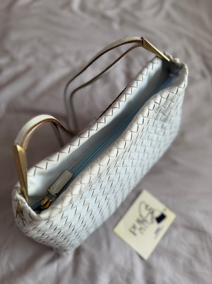 Authentic Vintage Bottega Veneta Light Blue Intrecciato Long Dual Strap Shoulder Bag