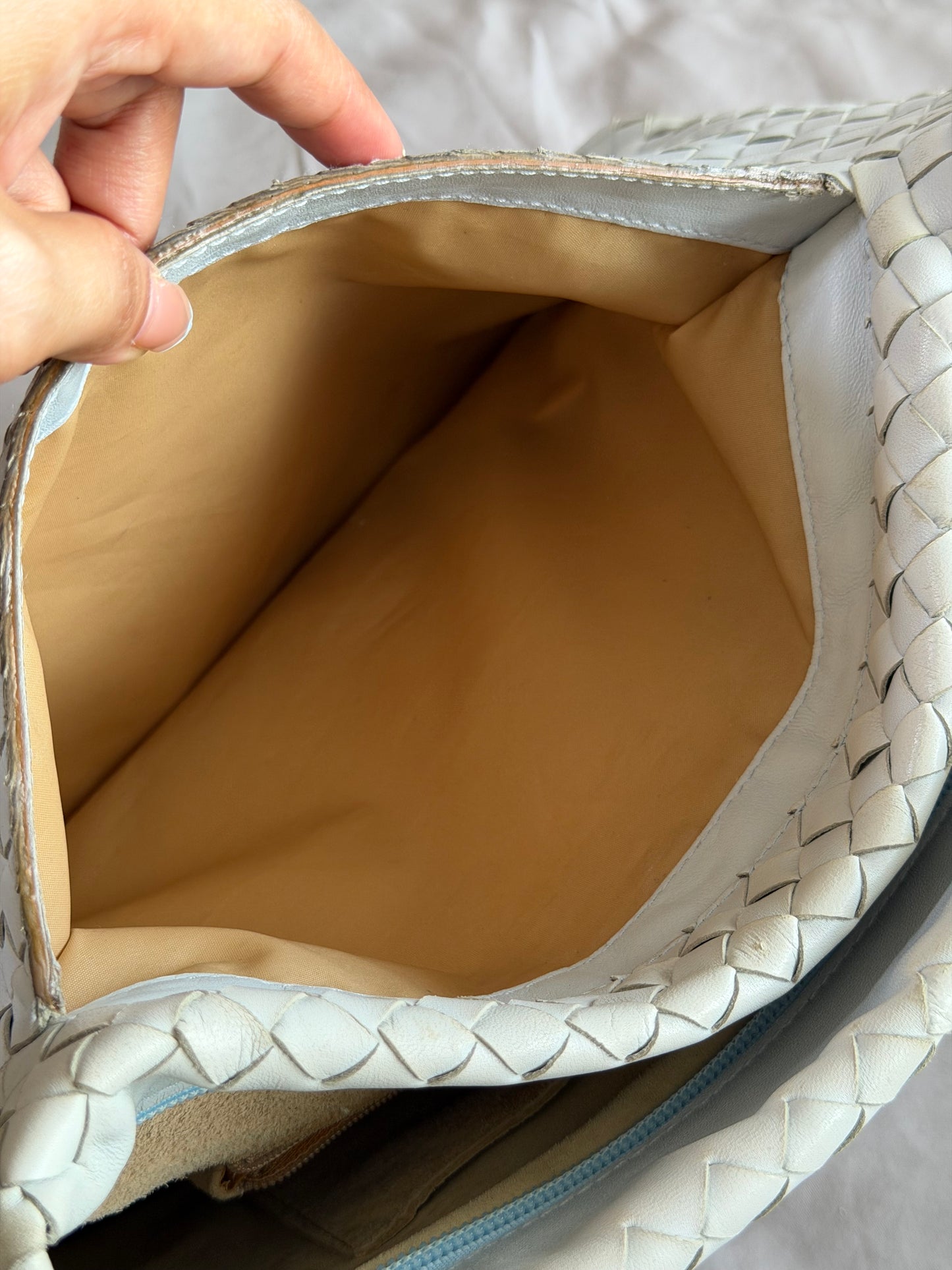 Authentic Vintage Bottega Veneta Light Blue Intrecciato Long Dual Strap Shoulder Bag