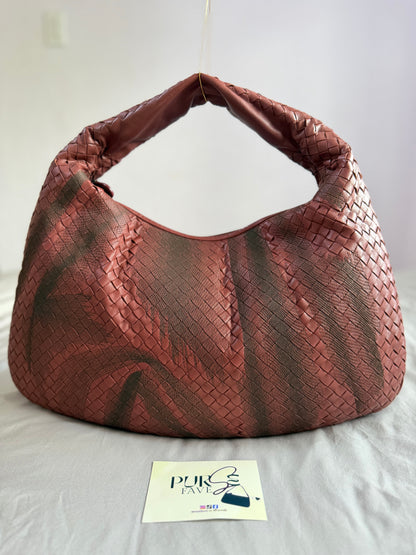 Authentic Vintage Bottega Veneta Burgundy Intrecciato Woven Nappa Leather Embroidered Large Hobo Bag