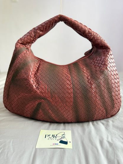 Authentic Vintage Bottega Veneta Burgundy Intrecciato Woven Nappa Leather Embroidered Large Hobo Bag