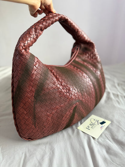 Authentic Vintage Bottega Veneta Burgundy Intrecciato Woven Nappa Leather Embroidered Large Hobo Bag