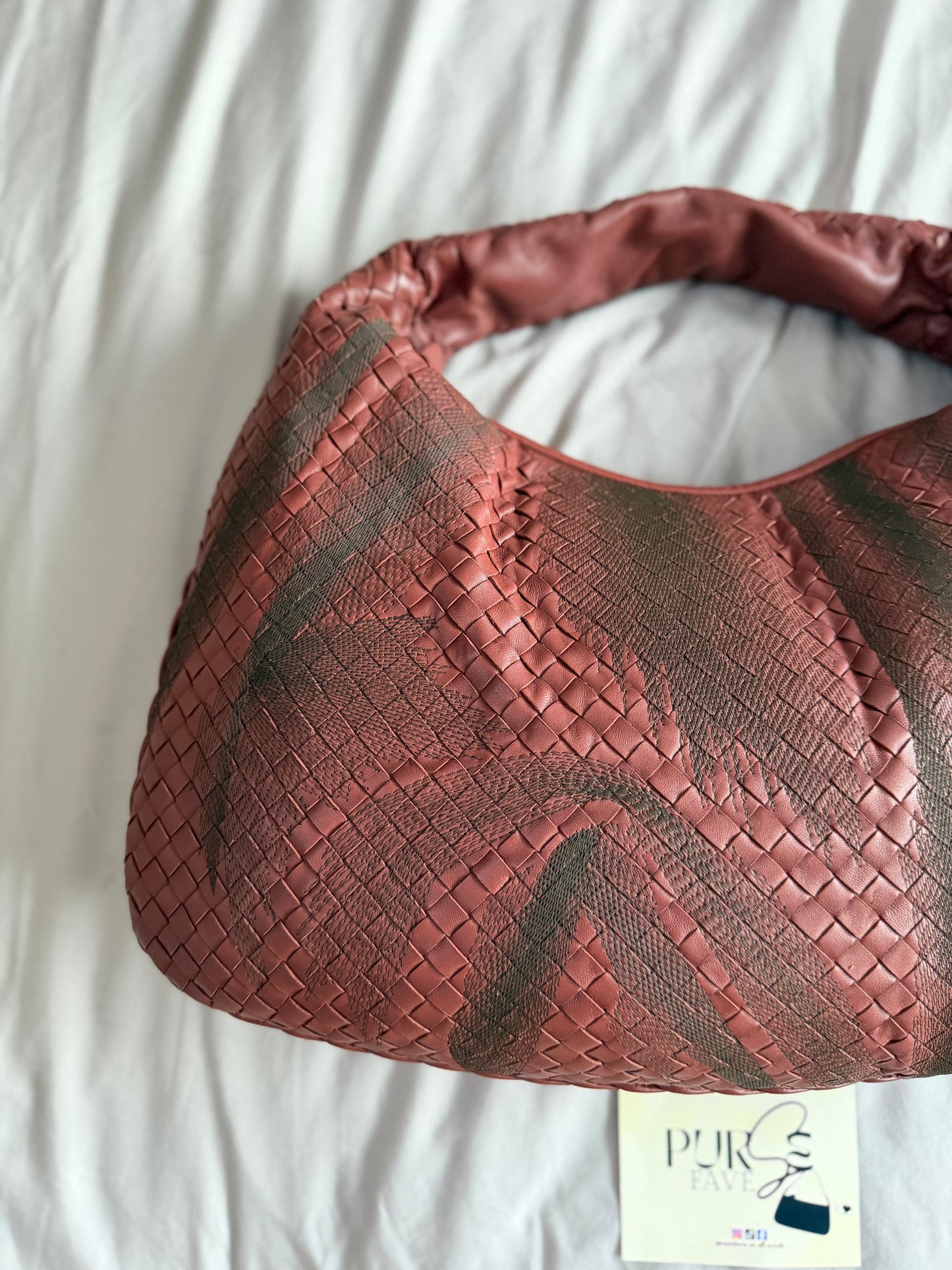 Authentic Vintage Bottega Veneta Burgundy Intrecciato Woven Nappa Leather Embroidered Large Hobo Bag