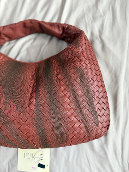 Authentic Vintage Bottega Veneta Burgundy Intrecciato Woven Nappa Leather Embroidered Large Hobo Bag