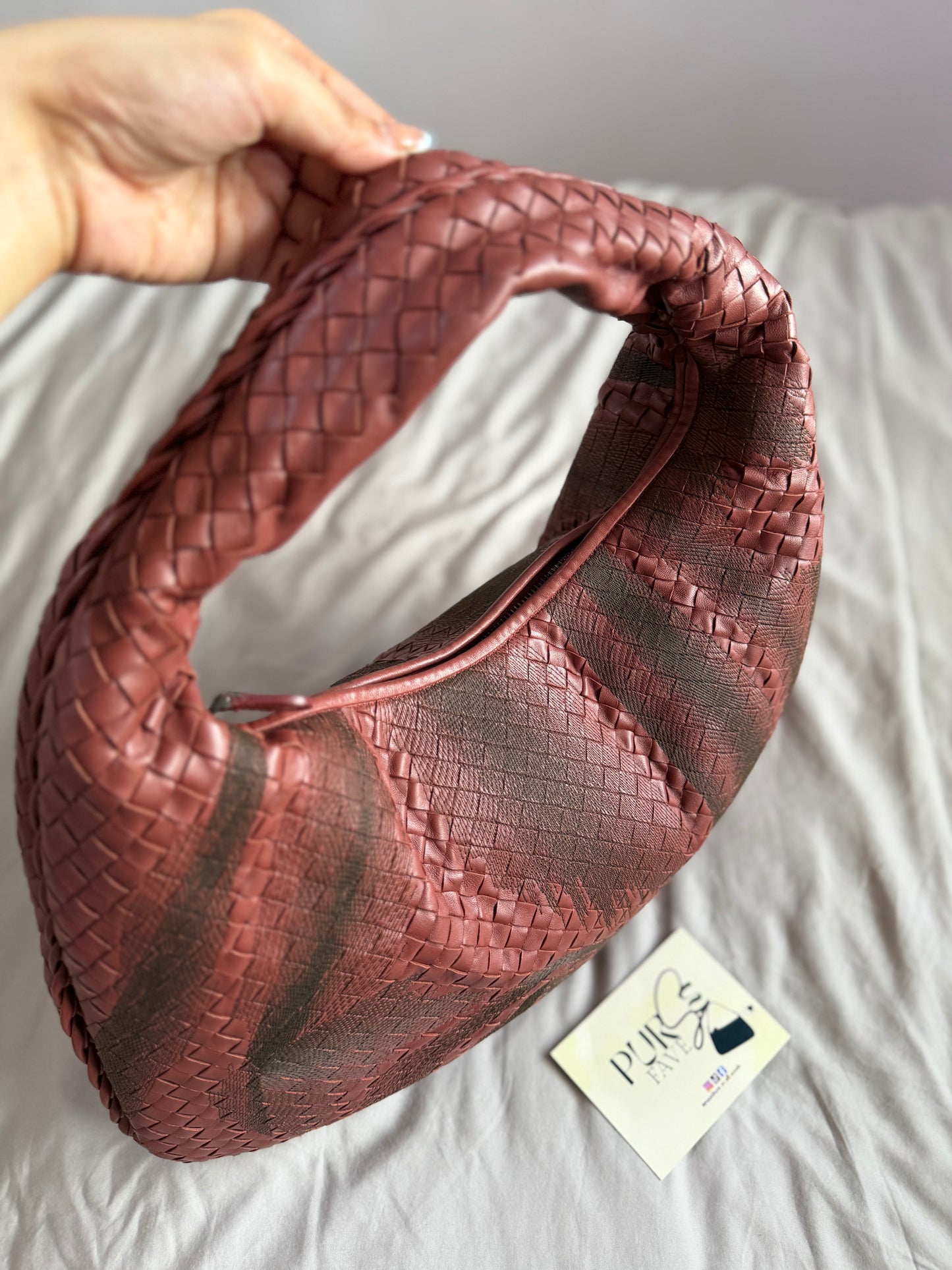 Authentic Vintage Bottega Veneta Burgundy Intrecciato Woven Nappa Leather Embroidered Large Hobo Bag