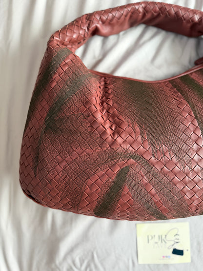 Authentic Vintage Bottega Veneta Burgundy Intrecciato Woven Nappa Leather Embroidered Large Hobo Bag