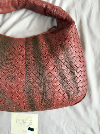 Authentic Vintage Bottega Veneta Burgundy Intrecciato Woven Nappa Leather Embroidered Large Hobo Bag