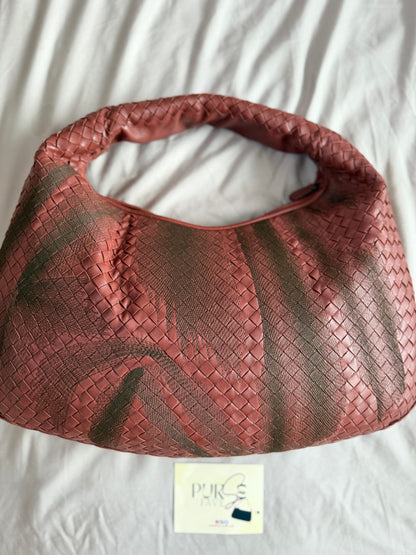 Authentic Vintage Bottega Veneta Burgundy Intrecciato Woven Nappa Leather Embroidered Large Hobo Bag
