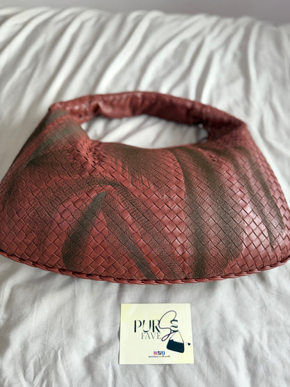 Authentic Vintage Bottega Veneta Burgundy Intrecciato Woven Nappa Leather Embroidered Large Hobo Bag