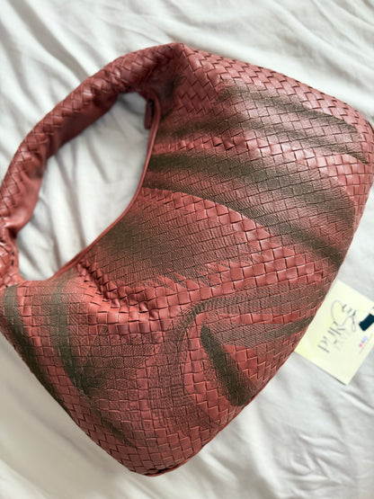Authentic Vintage Bottega Veneta Burgundy Intrecciato Woven Nappa Leather Embroidered Large Hobo Bag